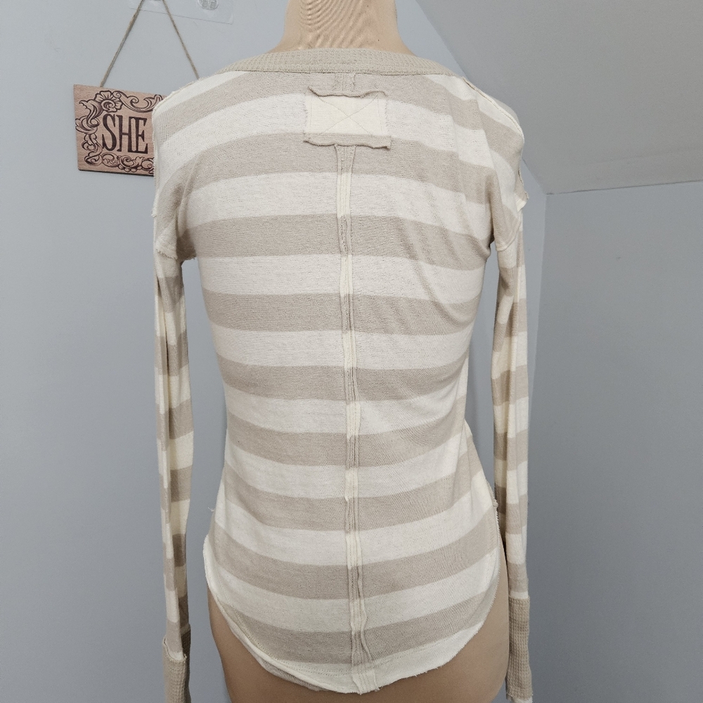 We The Free Sail Away Striped Long Waffle Knit Sleeve Top XS Beige White Neutral - Picture 6 of 16